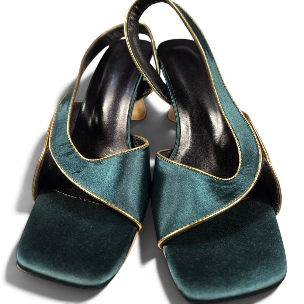 Emerald Green Satin Slingback Heels Square Toe Gold Trim Flared Heel Size 41